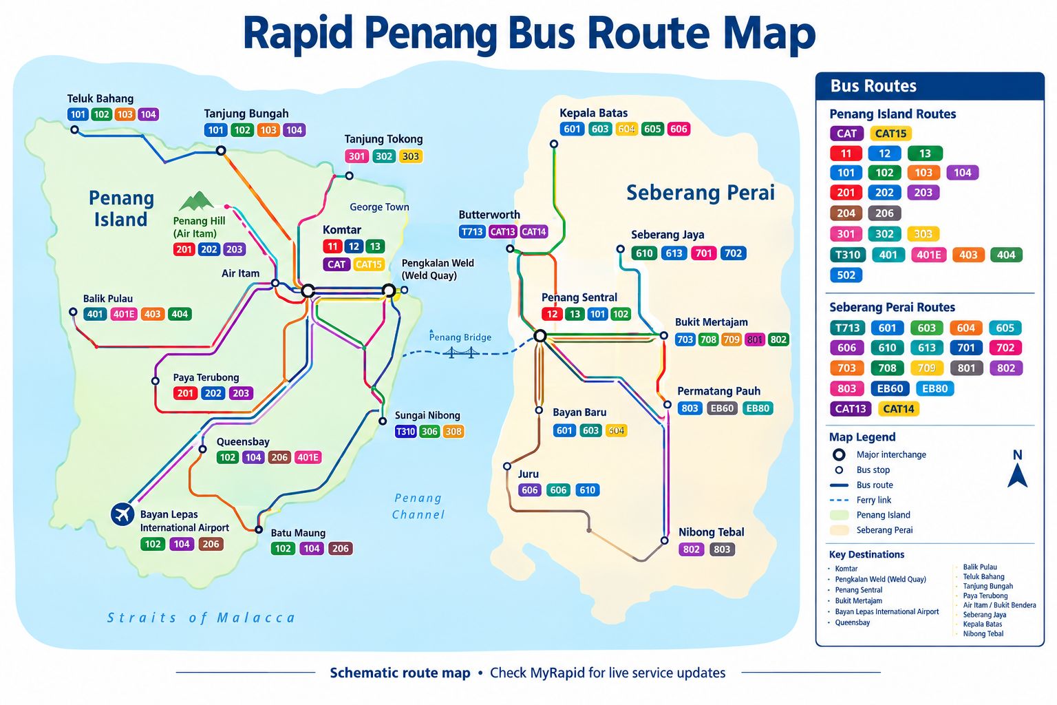 Rapid Penang bus route map showing all routes across Penang Island